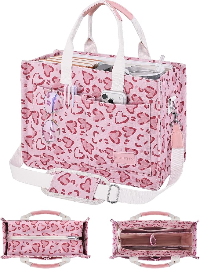 FIORETTO Canvas Tote Bag for Women with Zipper Closure & Individual Compartments for Work College for Teacher & Nurse