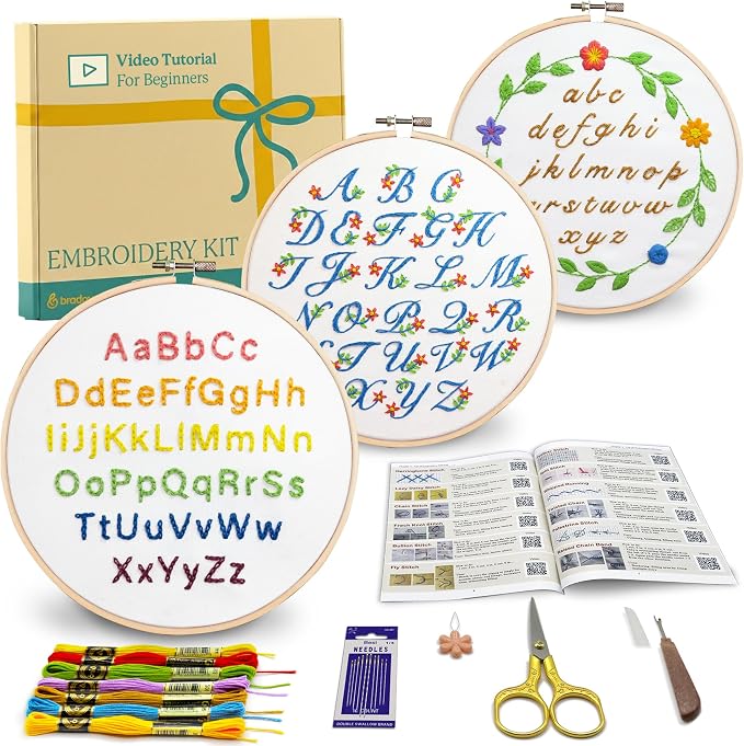 Bradove Alphabet Embroidery Kit for Beginners with Patterns | Letters Practice Beginners Embroidery Kit for Adults and Kids, Hand Embroidery, Learn to Embroider Kit Adult Beginner