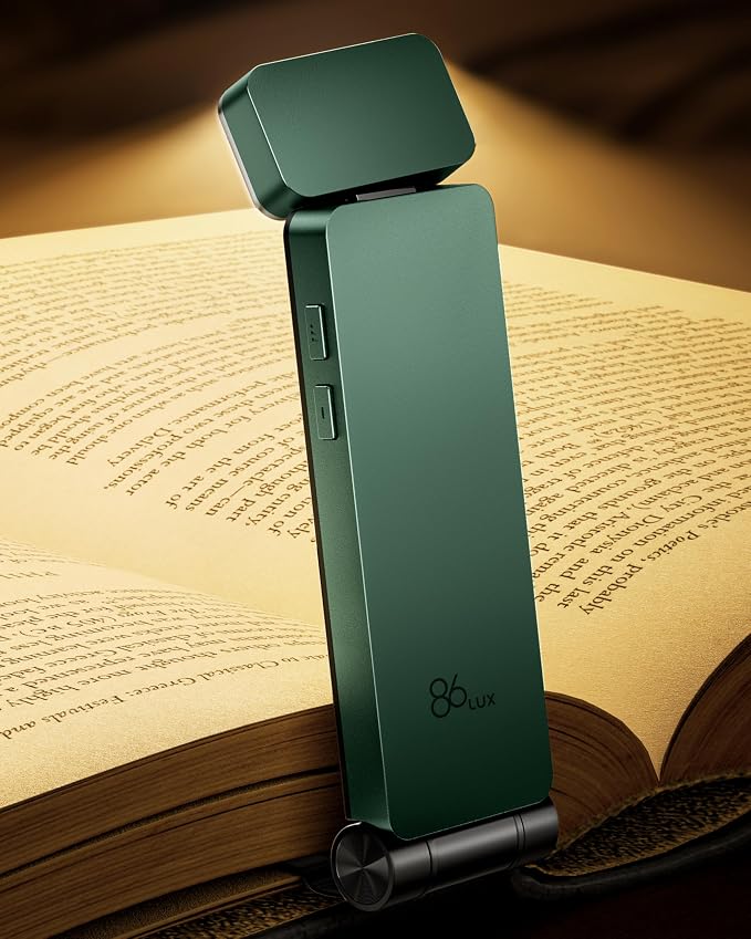 86lux Book Light, Rechargeable Clip-On LED Reading Light for Bed | 3 Color Temperatures with Stepless Dimming, Ultralight Bookmark Design for Book Lovers, Green