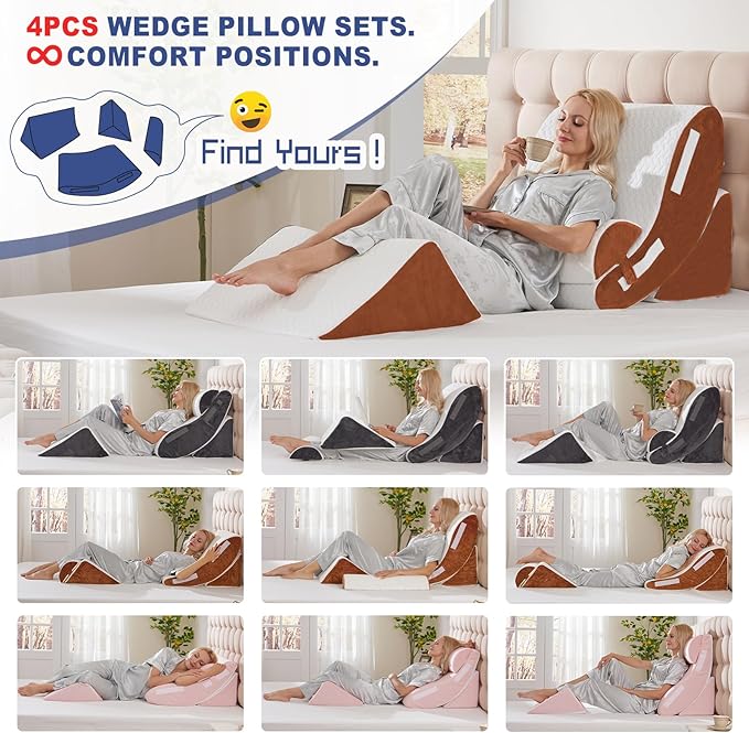 Orthopedic Bed Wedge Pillow Set 4PCS – Memory Foam Pillows for Sleeping, Post Surgery, Back Pain, Sitting Up in Bed, Acid Reflux, Snoring, Leg & Arm Support, White Brown