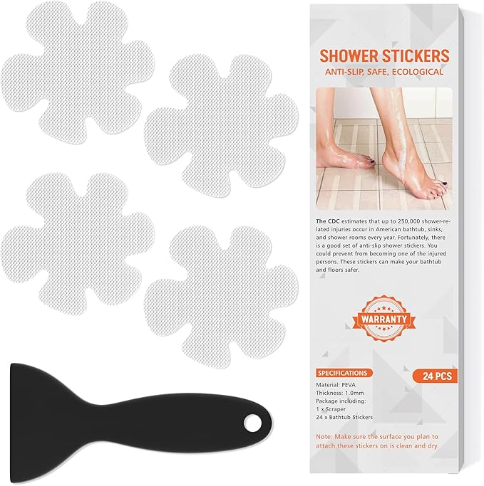 Non Slip Bathtub Stickers, 24 PCS Shower Stickers for Safety Bathroom Tubs, Bathtub Non Slip Stickers and Adhesive Decals Scraper for Bath Tub, Shower Floor, Stairs, Ladders(Flower Shape, Clear)
