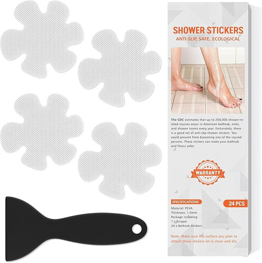 Non Slip Bathtub Stickers, 24 PCS Shower Stickers for Safety Bathroom Tubs, Bathtub Non Slip Stickers and Adhesive Decals Scraper for Bath Tub, Shower Floor, Stairs, Ladders(Flower Shape, Clear)