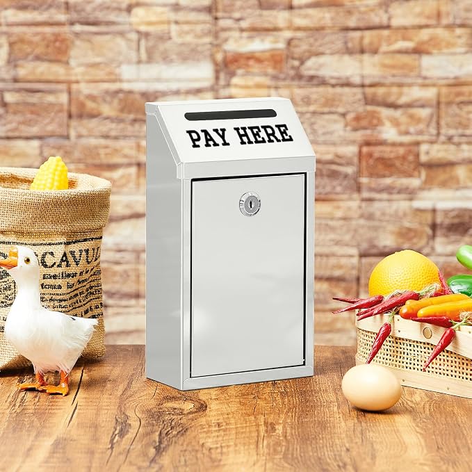 Yaocom Safe Metal Cash Box for Farm Stand – Money Drop and Secure Donation Collection, Wall Mount Lockable Unit with Pre Drilled Holes for Outdoor Self Serve(White,10.2 x 5.7 x 2.8 Inch)