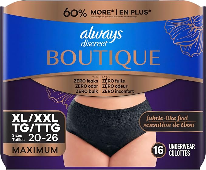 Always Discreet Boutique Incontinence and Postpartum Underwear for Women, Maximum Protection, Extra Large, Black, 16 Count