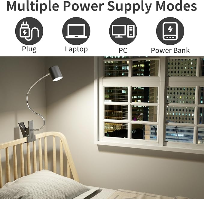 Dott Arts Desk Lamp,USB Clip On Light with 3 Color Modes,LED Reading Lamp | 360° Gooseneck Book Light,Eye-Care Reading Light for Home Office,10 Brightness Headboards Grey