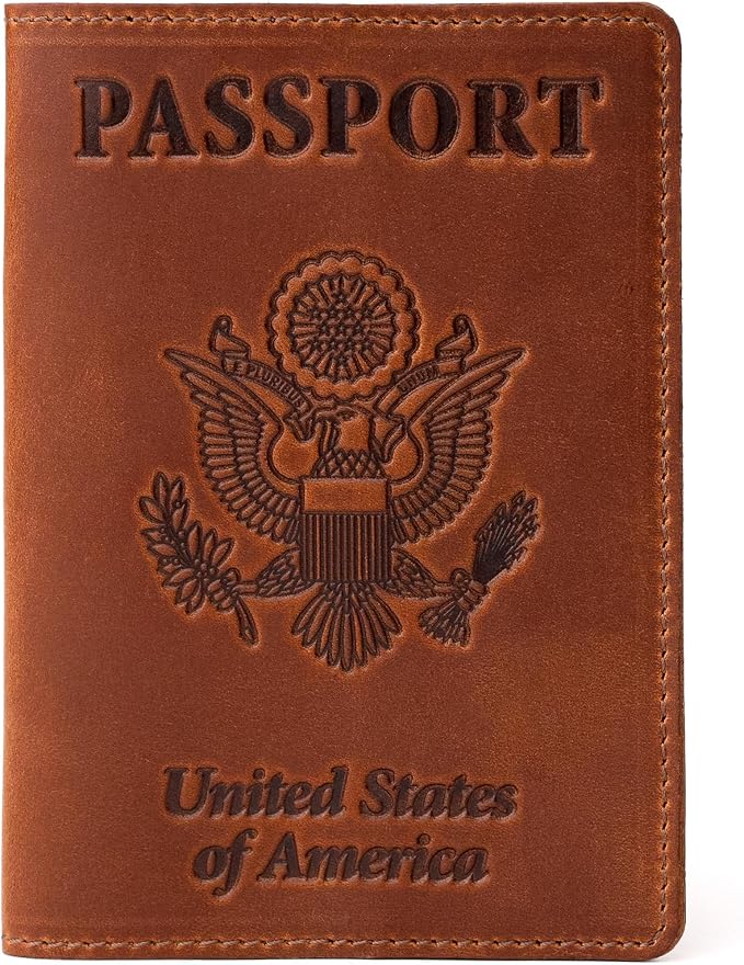 US Leather Passport Book Cover - Thin American Travel Passport Holder - Premium International USA Passport Protector Case for Women Men (Light Brown Vintage)