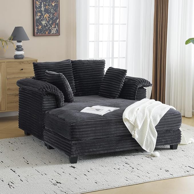 VINGLI 56" Oversized Chaise Lounge Chair, Dark Grey Comfy Corduroy Chaise Sofa Recliner Bed Upholstered Sleeper Couch Bed with Throw Pillows and Armrests for Living Room, Movie Room, Bedroom