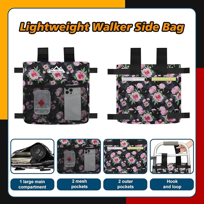 supregear Walker Side Bag, Multi Pocket Storage Pouch for Folding Walker, Water Resistant Lightweight Hand Free Carrier Tote, Universal Size Seniors Caddy Attachment