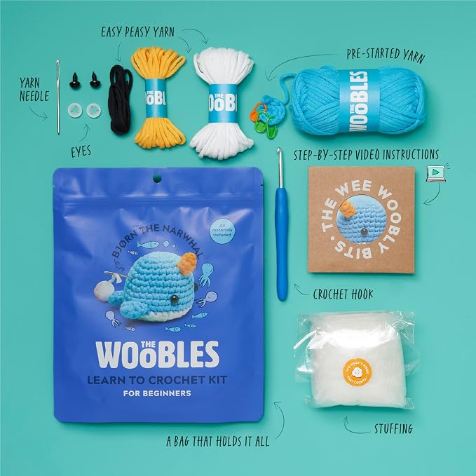 The Woobles Amigurumi Crochet Kit for Beginners (Bjørn the Narwhal) | As seen on Shark Tank, Kit includes: Easy Peasy Yarn, pre-started piece, hook, safety eyes, stuffing, video tutorials