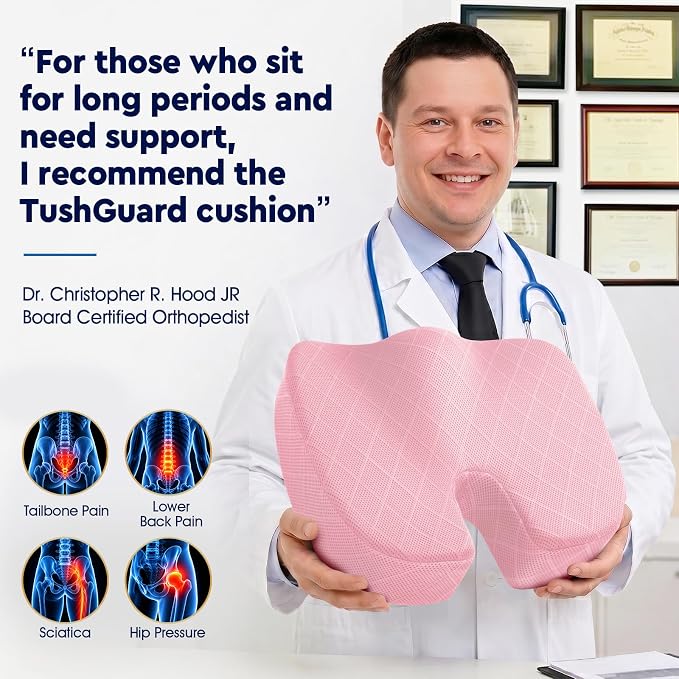 TushGuard Seat Cushion - for Office Chair, Car Seat, Airplane, Bleacher - Sciatica & Coccyx Pain Relief Desk Chair Cushion for Long Sitting Office Workers, Car Drivers(Pink, XXX-Large)