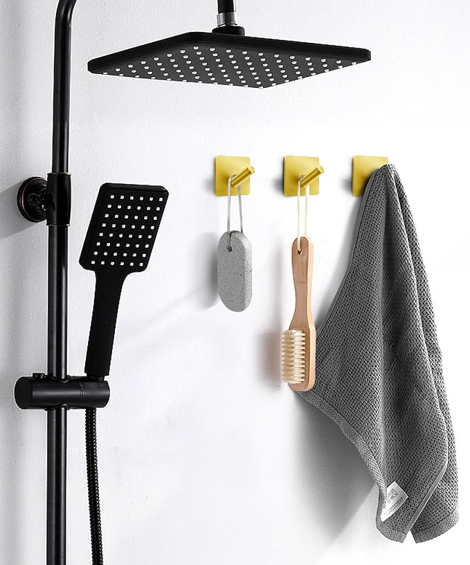 xdgeLoad Heavy Duty Adhesive Hooks, Bath Towel Hooks 16 Pack, Adhesive Wall Hooks for Bathrooms/Coat/Robe/Kitchen, Non-Punching self-Adhesive Hooks, Matte Stainless Steel Gold, JRG-US-V16P-GOLD