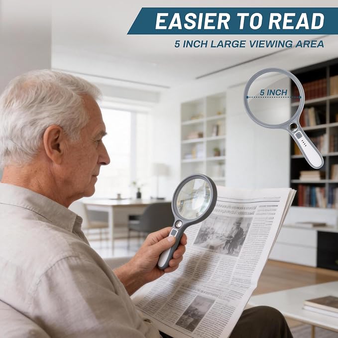Large Magnifying Glass with Light: 5IN Lighted Handheld Illuminated Magnifier with 13 LED Lights 3 Modes, 1150mAh Rechargeable Magnifying Lens Gift for Seniors Reading Coins Close Work-Grey+White
