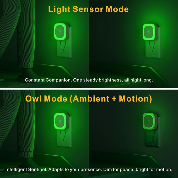 YUNLEX 2 Pack Plug in Night Light with Motion Sensor & Dusk to Dawn Sensor, 3 Sensor Modes, Auto ON/Off, Dimmable Reflected Light, Calming Green LED for Home Office, Hallway, Bathroom
