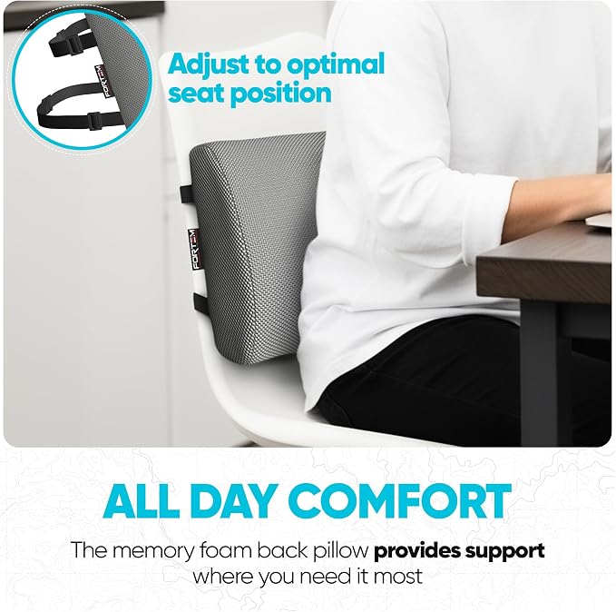 FORTEM Lumbar Support Pillow for Office Chair, Lumbar Support Pillow for Car, Back Rest for Gaming, Memory Foam Pillow, Desk Chair Cushion, Breathable & Washable Cover, Adjustable Straps
