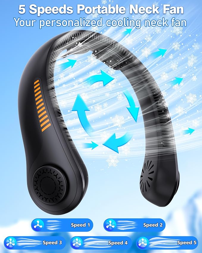 Portable Neck Fan - Rechargeable Personal Fan with Neck Support, 5000mAh, 5-Speed Quiet, Lightweight Long Lasting Bladeless Fan, Wearable Cooling Fan for Hot Flashes, Travel, Gifts for Men Women