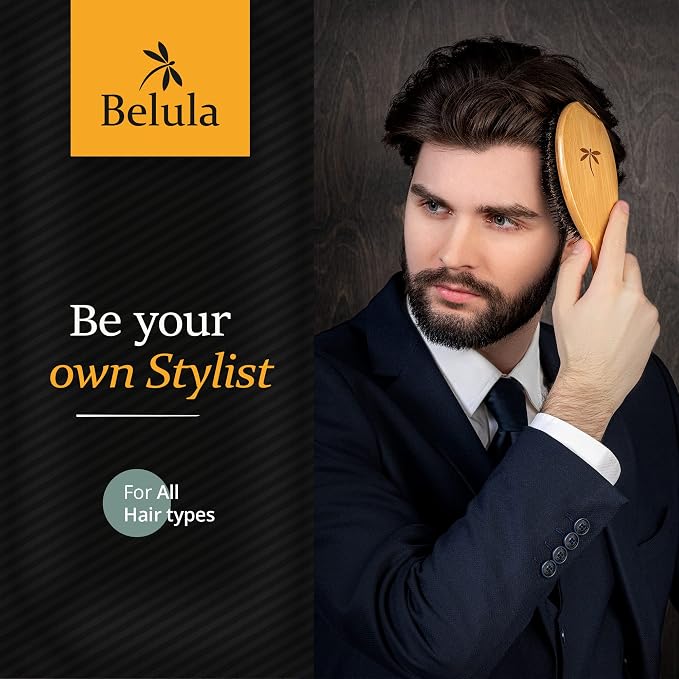 Belula Men's Hair Grooming Set, Boar Bristle and Nylon Pin Brush, Comb, Bag | Boar bristle brush, nylon pin brush, wooden comb, 2 palm brushes, travel bag, 5 piece set, massages scalp, boosts shine