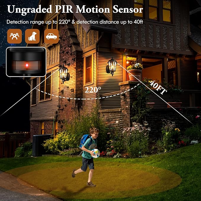 2-Pack 16” Large Motion Sensor Outdoor Wall Lights, Black | Auto ON/OFF, 3 Lighting Modes, Waterproof, Rust-Resistant, Durable Metal & Water Ripple Glass, Vintage Style, Easy to Install