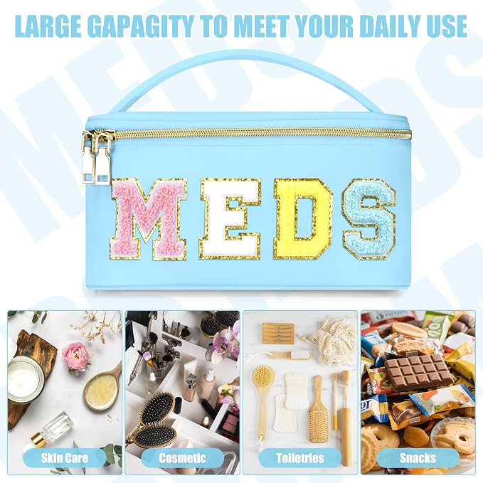 BuyCard Medicines Chenille Letter Bag Nylon Meds Makeup Pouch Preppy Path with Zipper and Handle Cosmetic Toiletry Storage Purse for Women Blue