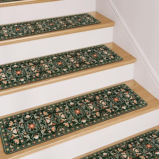 OJIA Floral Stair Treads Non-Slip Stair Runner for Wooden Steps 15PC 30"x8" | Indoor Carpet Stair Treads Stair Mats Staircase Step Treads for Kids, Elders and Dogs, Stair Covers, Black