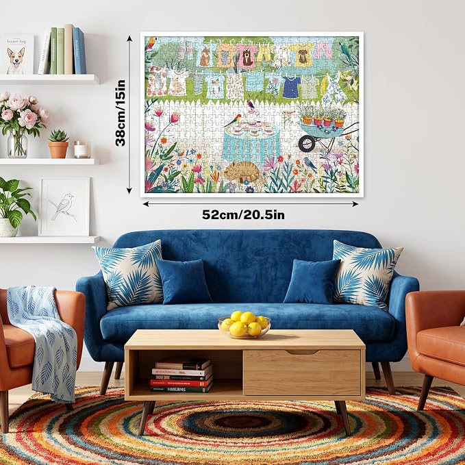 500 Piece Jigsaw Puzzle for Adults, Garden Laundry Day with Cats & Birds | Whimsical clotheslines, blooming flowers, cozy tea table, family game night, screen-free fun, wall decor and gifts