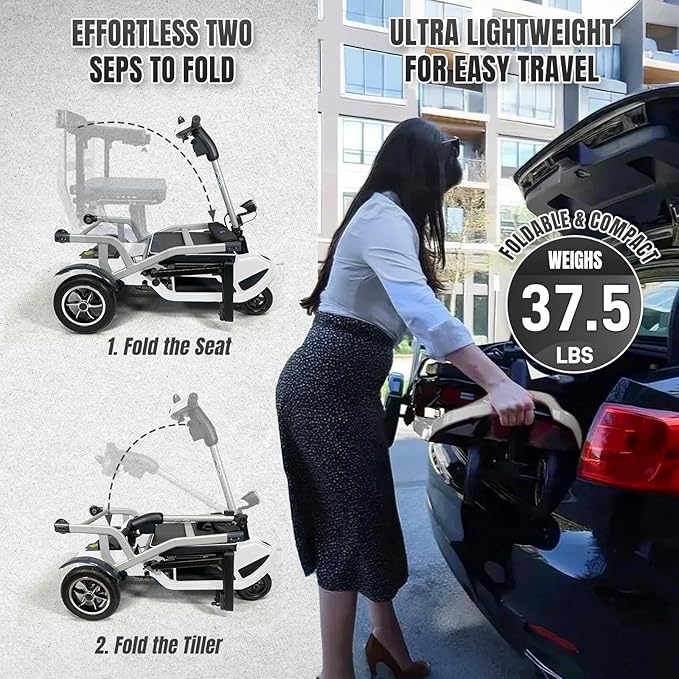 R3b-Mobility Scooters for Seniors Adults Ultra Lightweight 37.5 Ibs Electric Powered Folding 4 Wheel Mobility Scooter with Cup Holder, Compact & Convenient for Travel Airline Approved, White