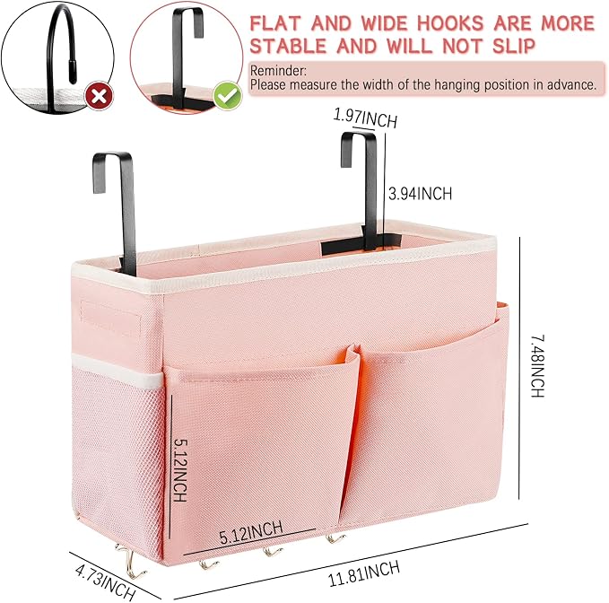 Bedside Caddy Organizer 5 Pockets and 4 Hooks for Bunk Bed Pink | Hanging Storage Bag for Headboards