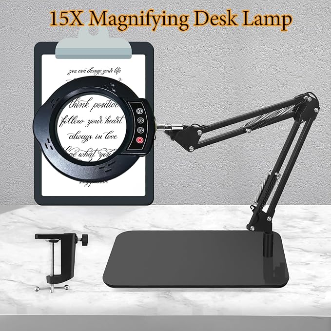 15X Magnifying Glass Desk Lamp with Clamp and Base, 5 Color Modes 10 Levels Adjustable Brightness, 15X Magnifying Glass, 4.2" Reading Magnifier for Seniors Book Newspaper Reading, Crafting, Seniors