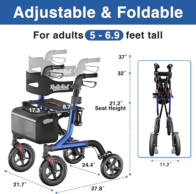 Walkers for Seniors with Seat, Foldable Rollator Walker, Reinforced Aluminum Frame, 10" Big Rubber Wheels for All Terrain, Built-in Cable, Lightweight Rolling Walker, Blue