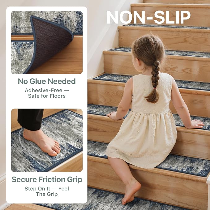 sarben 8"x30" Non Slip Stair Treads for Wooden Steps 15 Pack, Blue Ivory | Peel and Stick Carpet Stair Runner with TPE Adhesive Backing, Carpet for Added Safety, Pet and Senior Friendly
