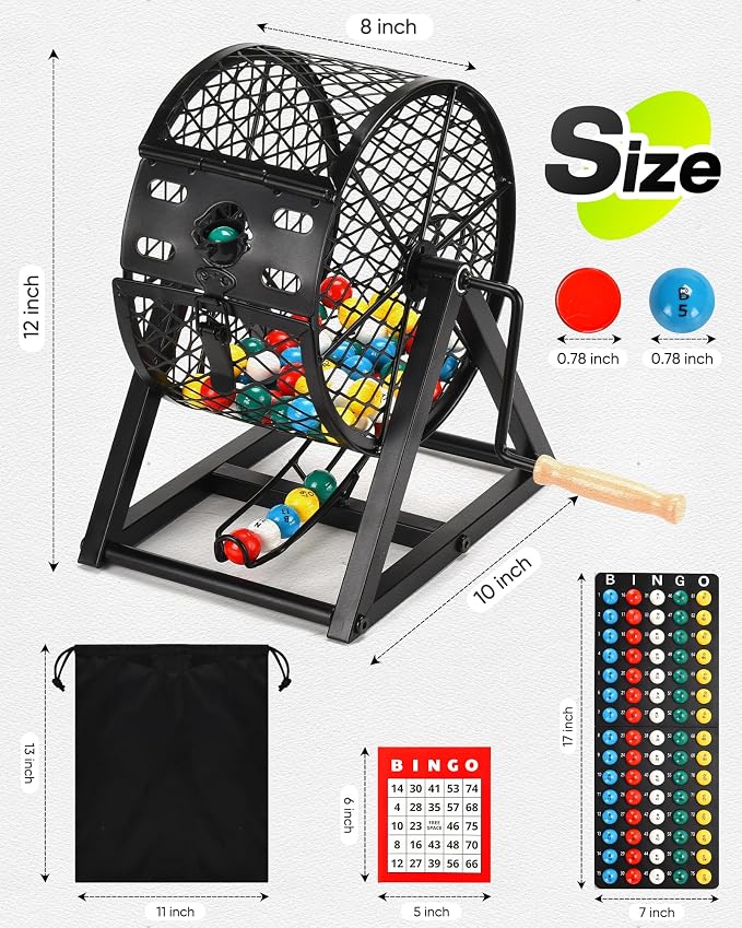 12" Deluxe Bingo Game Set with Cage, Board, Balls, 30 Cards and Chips(Grey) | Bingo Games for Adults, Family Games Bingo Balls with Cage for Fun Family, Large Groups, Parties