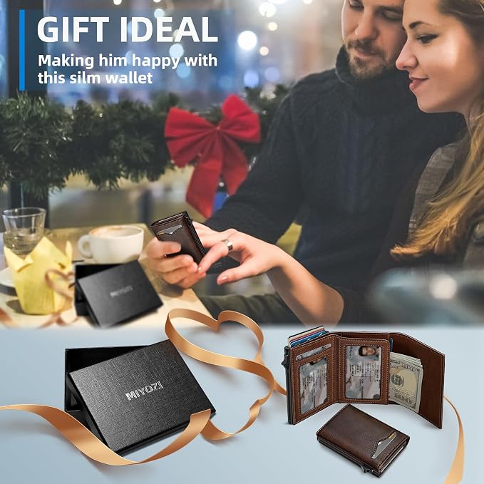 Wallet for Men,with Cash Pocket 2 ID Window 9-13 Cards,Metal Case Smart Slim Pop Up Credit Card Holder Flip with Magnetic Closure RFID Blocking Trifold wallet with Gift Box