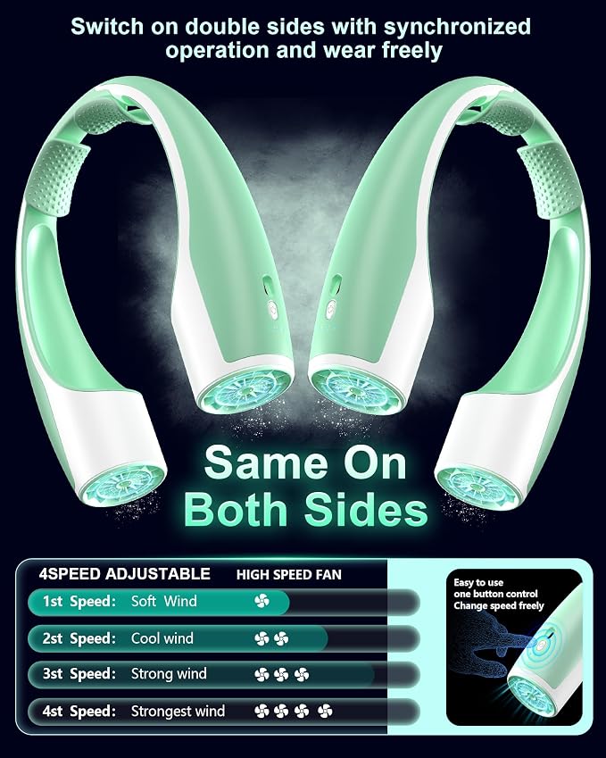 Rohent Neck Fans Portable Rechargeable for Personal: High Power Faster Cooling Neck Fans 4 Speeds Wind - Ultra Quiet Wearable Neck Fan for Travelers Hikers Campers Gardeners - Green
