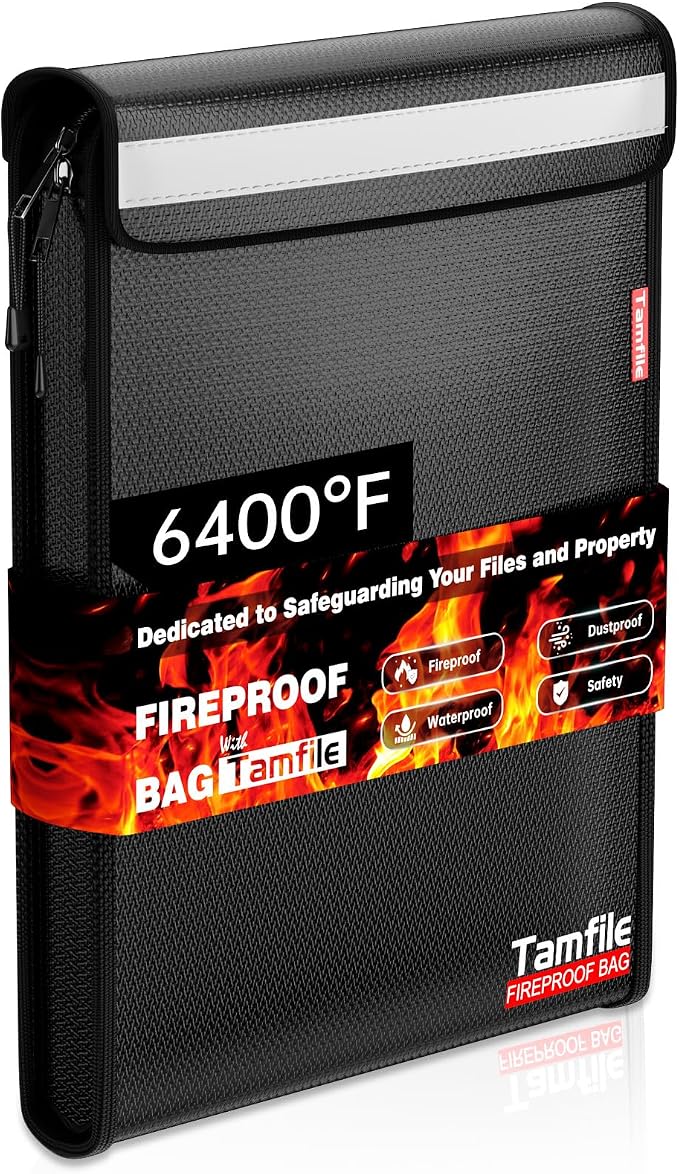 6400℉ Fireproof Document Bag, 15”x 11” Waterproof Document Organizer, Black | Fireproof Money Bag, 2 Pockets,Safe Important Document Organizer for A4 A5 Legal Letter Size, Valuables, Legal Documents