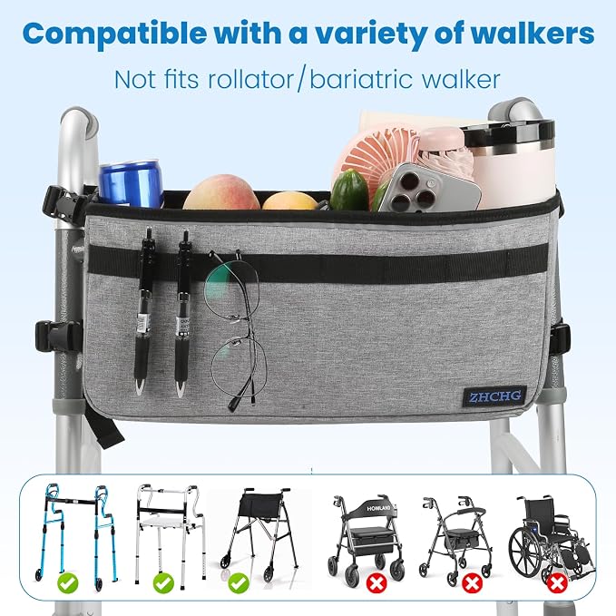 ZHCHG Walker Basket for Seniors, Walker Accessories Bag for Folding Walker | Large Capacity & Never Tipping Over, Best Gift- (Not Fit Rollator Walkers) -Gray