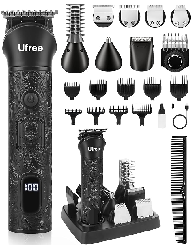 Ufree 7-in-1 Beard Trimmer for Men, Electric Razor Shaver, Men Grooming Kit | 1-10 mm Adjustable Comb for All Mustache Lengths, Type-C, LED Display, Versatile Use on Sideburns, Body, Nose Hair, Men Gift