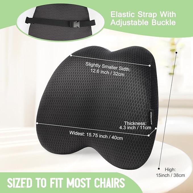 Lumbar Support Pillow Office Chair Car Back Pillow Ergonomic Lower Back Pain Relief Breathable Air Fiber Cushion with Hours Sitting on Worker Driver & Handicapped, Adjustable Strap (Dark Gray)