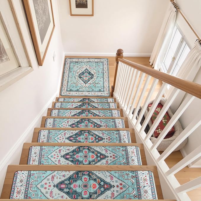 Non-Slip Stair Treads Matching Mat for Wooden Steps 31"x31" Landing Rug | Square Rubber Backing Anti-Slip Stair Carpet Landing Mat Stair Rugs Carpet for Stairs, Light Blue
