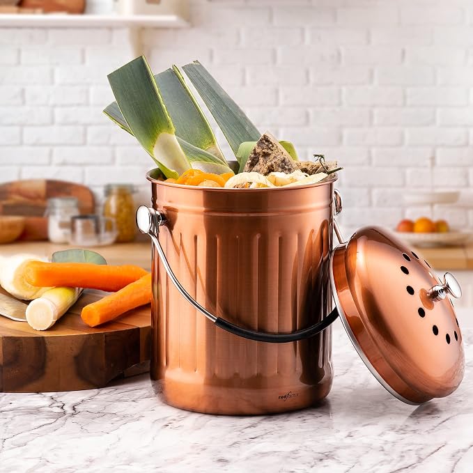 Premium Compost Bin for Kitchen Countertop - Stainless Steel Food Waste Bucket with Innovative Dual Filter Technology - Includes Spare Filters (Matt Copper, 1.3 Gallon)