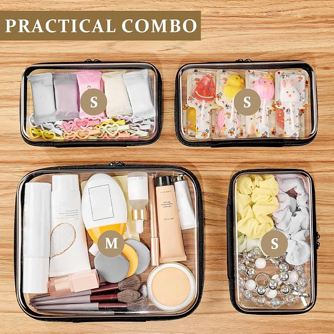 4 pcs Clear Zipper Pouches,Hard Shell Zipper Case, Toiletry Bag for Travel | CLear Diaper Bag, Toiletry Pouch, Travel Organizer, Cosmetic Bag,Toy Storage Bins (M+3S)(Black)