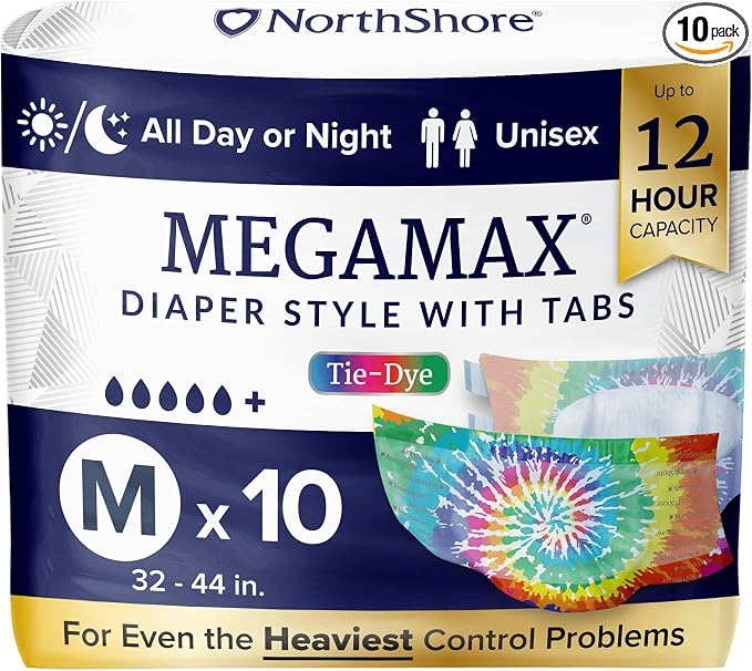 NorthShore MegaMax 12-Hour HBL Adult Diapers for Heavy Bladder Leaks, Medium, 10 Count, Tie-Dye, 32-44 inches, Tab-Style Incontinence Underwear for Men, Women & Teens