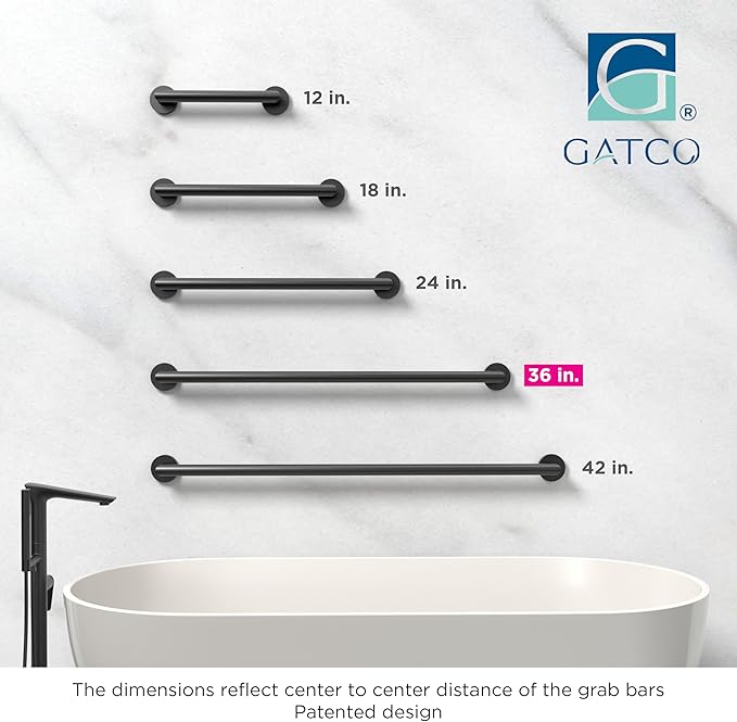 Gatco 966MX Glam 36" L Grab Bar, Matte Black/ADA Compliant Stainless Steel Safety Grab Bar for Bathroom