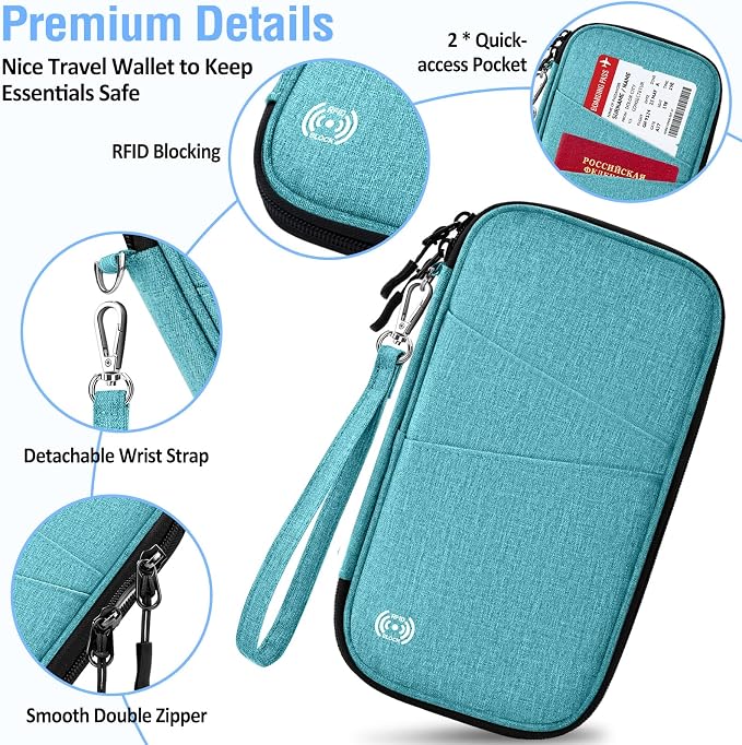 BKNOOU Family Passport Holder RFID Blocking Travel Document Organizer | Large Capacity (5 passports+13 cards), RFID Blocking, Air Travel Essentials, Detachable Wrist Strap and Shoulder Strap