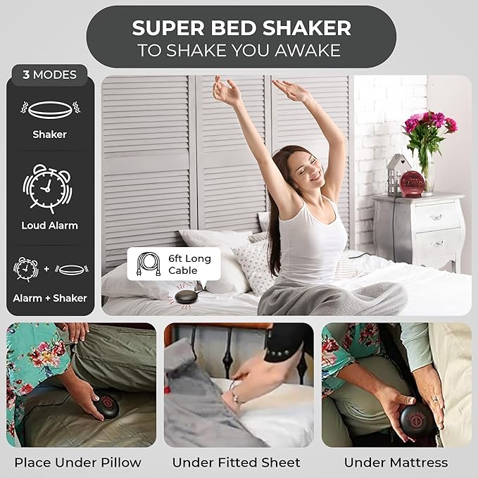 Sonic Alert Sonic Bomb Dual Alarm Clock with Bed Shaker, Red Vibrating Alarm Clock Heavy Sleepers, Battery Backup | Wake with a Shake
