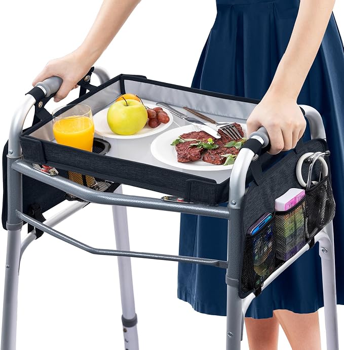 BAGSFY Upgraded Clear View Walker Tray for Seniors– Universal Folding Walker Table with Cup Holder & Side Pocket | Hard Top Lightweight Walker Accessory, Tool-Free Installation, Fits Most Walkers