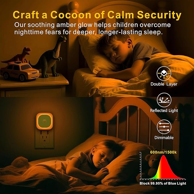 2 Pack Plug in Night Light with Motion Sensor & Dusk to Dawn Sensor, 3 Sensor Modes, Dimmable Night Lights Plug into Wall, Amber Nightlight for Sleep, Bathroom, Bedroom, Indoors, Kids