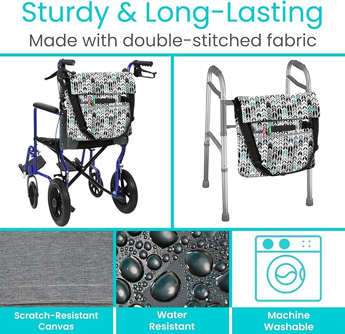 Vive XL Wheelchair Accessories Bag - Waterproof, Scratch-Resistant, Double-Stitched, Machine Washable for Adults, Seniors, 15 Colors - Storage Walker Backpack to Hang on Back