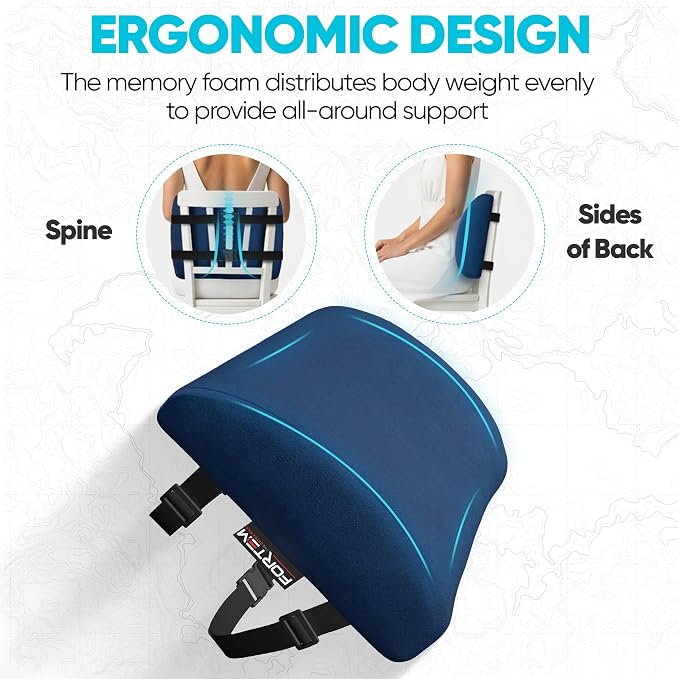 FORTEM Lumbar Support Pillow for Office Chair, Lumbar Support Pillow for Car, Back Rest for Gaming, Memory Foam Pillow, Desk Chair Cushion, Breathable & Washable Cover, Adjustable Straps
