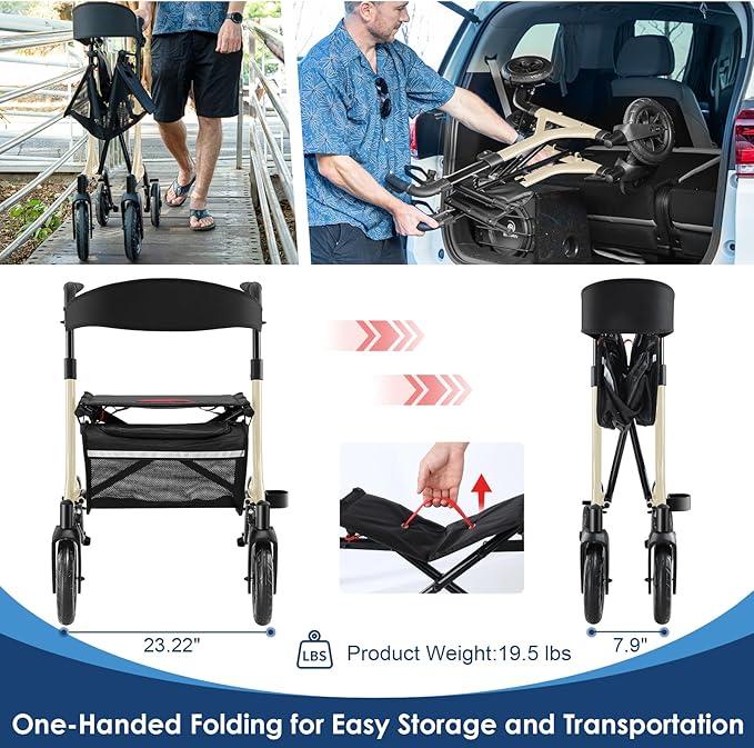 Walkers for Seniors, Rollator Walker with Seat, 10" Rubber Wheels All Terrain Rollator Walker with Backrest, Aluminum Walkers Built-in Cable, Foldable and Adjustable Height for Seniors, Beige