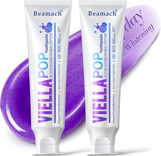 VIELLA POP Purple Toothpaste, Active Antimicrobial Peptide Purple to Blue Foam Whitening Toothpastes with Niacinamide, Fluoride Free, Passion Fruit & Mint Flavor, Appropriate for Sensitive Teeth (2)