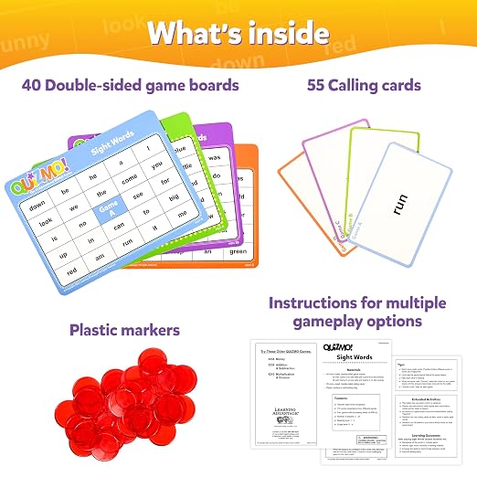 QUIZMO Sight Words | Bingo-Style Vocabulary Game | 4 Levels of Difficulty for Ages 5-9 | Teach Basic Reading and Writing Skills